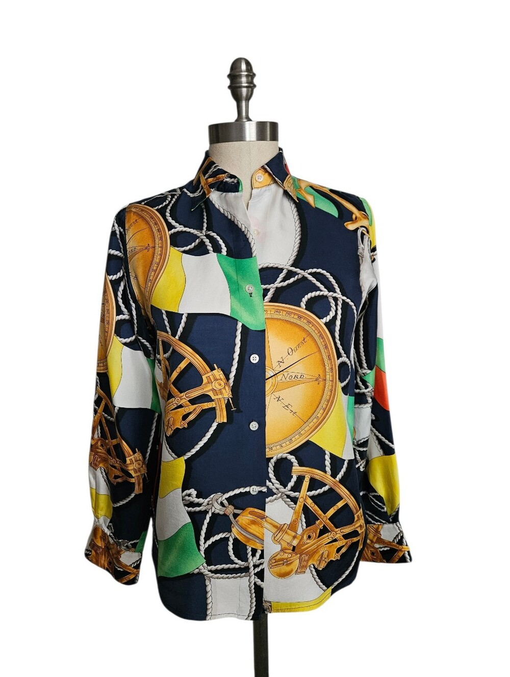 LAUREN RALPH LAUREN Nautical Coastal Print Navy Silk Button-Down Shirt | SZ 2P - Picture 2 of 10